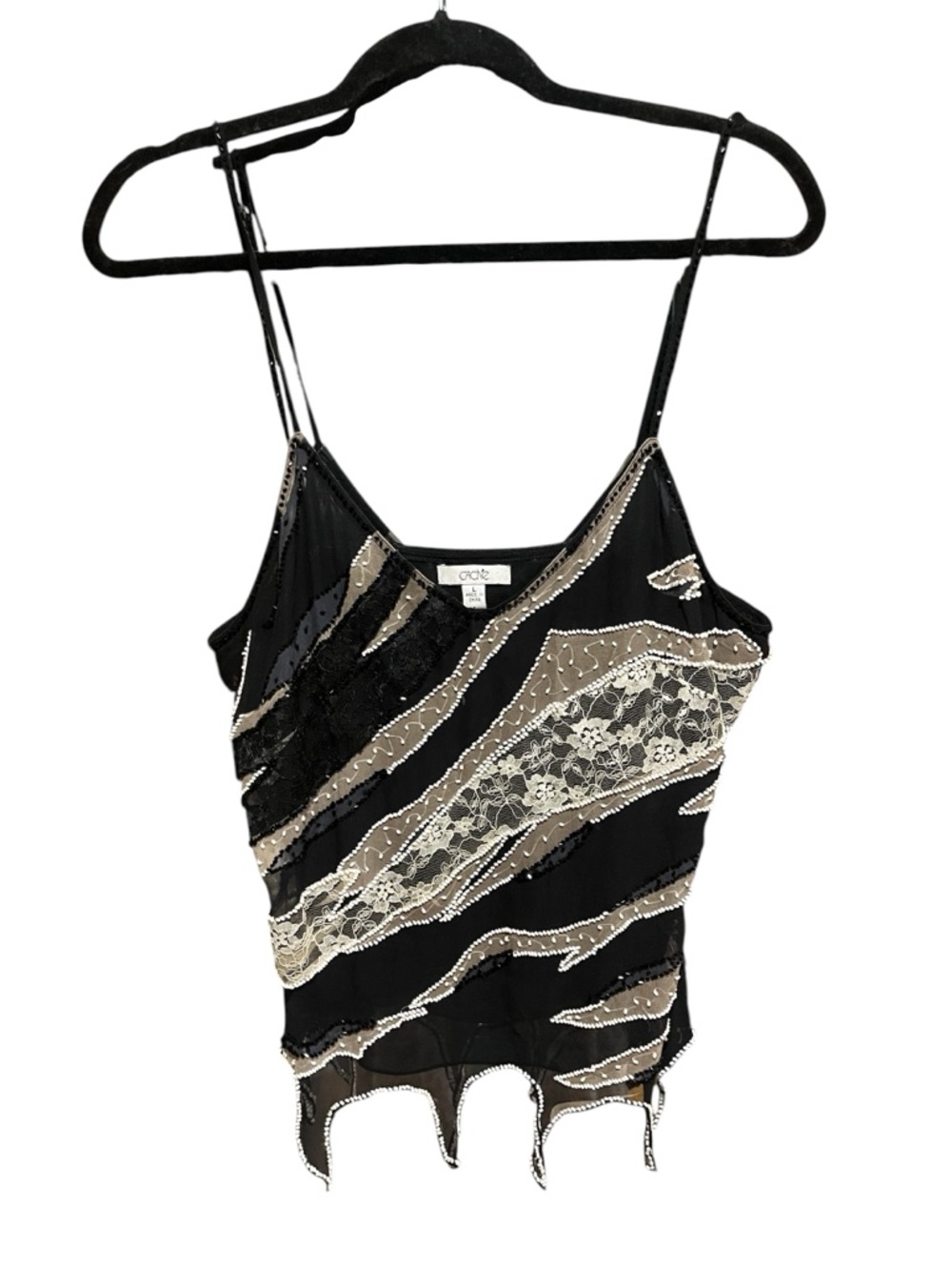 Cache Black Camisole with Beige and Cream Lace & Beaded Accents